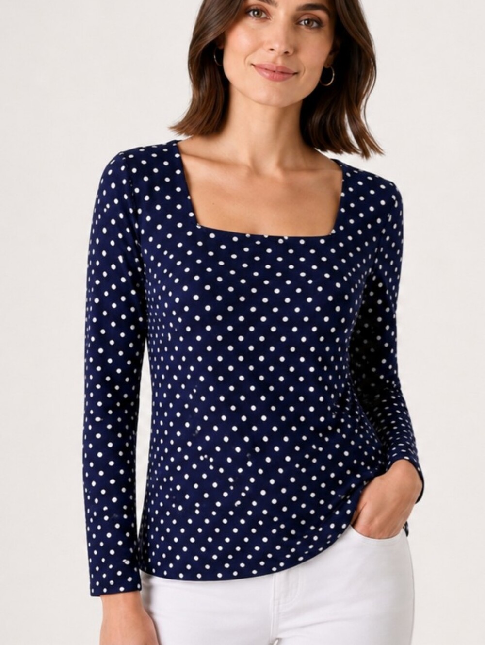 J. Crew Navy Polka Dot Square Neck Top Medium
